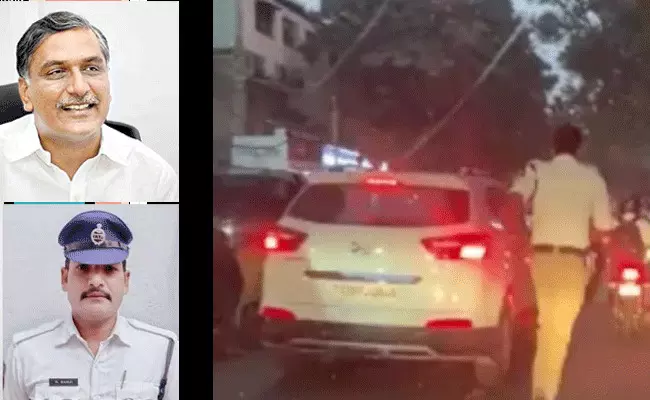 ట్రాఫిక్ పోలీస్ని మెచ్చిన మంత్రి హరీష్ రావు ట్రాఫిక్ పోలీస్ని మెచ్చిన మంత్రి హరీష్ రావు