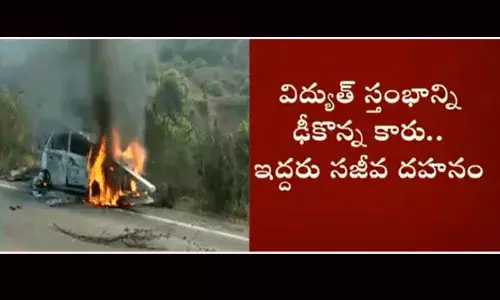 విద్యుత్ స్తంభాన్ని ఢీ కొట్టిన కారు.. ఇద్దరు సజీవ దహనం విద్యుత్ స్తంభాన్ని ఢీ కొట్టిన కారు.. ఇద్దరు సజీవ దహనం