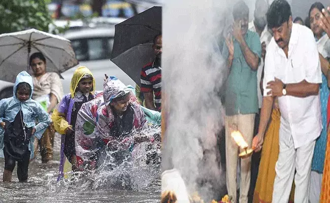 Telangana Rains : వర్షాలు తగ్గాలని మంత్రి తలసాని పూజలు.. Telangana Rains : వర్షాలు తగ్గాలని మంత్రి తలసాని పూజలు..