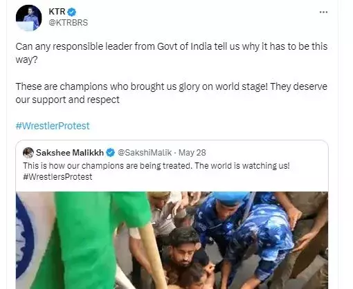 రెజ్లర్లకు మద్దతుగా మంత్రి కేటీఆర్ ట్వీట్ రెజ్లర్లకు మద్దతుగా మంత్రి కేటీఆర్ ట్వీట్