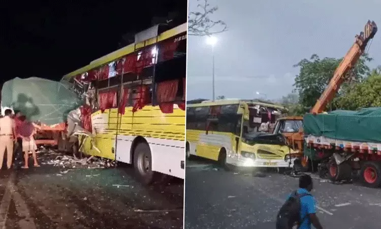 చెన్నై-తిరుచ్చి హైవేపై బస్సు-లారీ ఢీ.. నలుగురు మృతి, 15 మందికి పైగా గాయాలు చెన్నై-తిరుచ్చి హైవేపై బస్సు-లారీ ఢీ.. నలుగురు మృతి, 15 మందికి పైగా గాయాలు