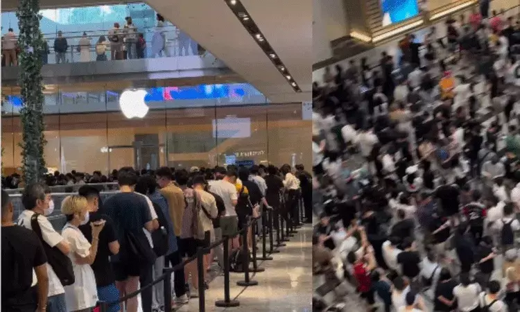 iPhone మానియా..  Apple స్టోర్ వెలుపల క్యూ కట్టిన జనం