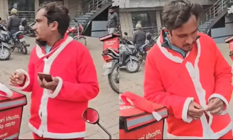 శాంతా క్లాజ్ దుస్తులు ధరించిన ఫుడ్ డెలివరీ ఏజెంట్.. ఆగ్రహించిన హిందూ జాగరణ్ మంచ్ శాంతా క్లాజ్ దుస్తులు ధరించిన ఫుడ్ డెలివరీ ఏజెంట్.. ఆగ్రహించిన హిందూ జాగరణ్ మంచ్