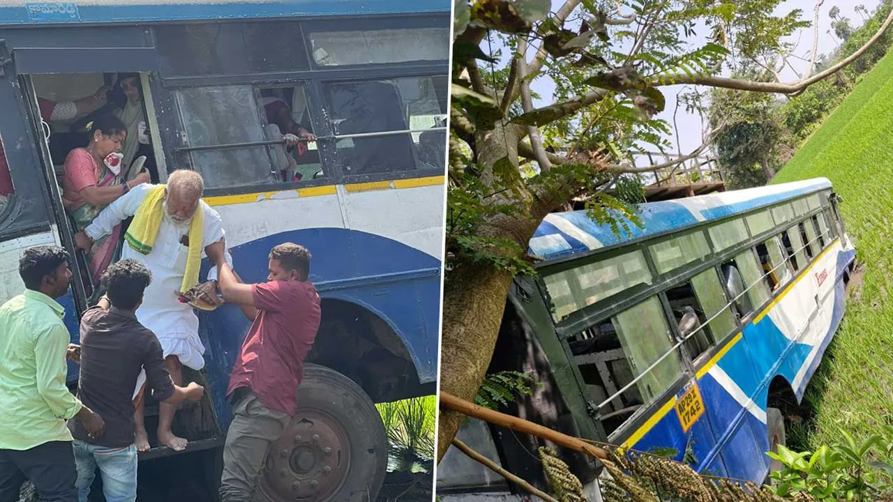 Accident in KTR Area : పొలాల్లోకి దూసుకెళ్లిన బస్సు.. కేటీఆర్ ఇలాకాలో ప్రమాదం Accident in KTR Area : పొలాల్లోకి దూసుకెళ్లిన బస్సు.. కేటీఆర్ ఇలాకాలో ప్రమాదం